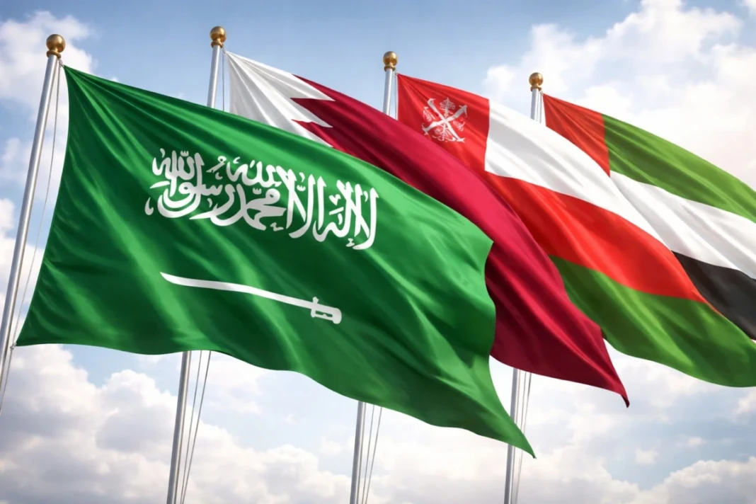 Bendera Arab Saudi berdampingan dengan bendera Qatar dan Oman, menggambarkan konsolidasi diplomatik negara-negara Teluk yang dipimpin Riyadh untuk mendesak Amerika Serikat mengurungkan rencana serangan militer ke Iran demi menjaga stabilitas kawasan dan keamanan energi global.