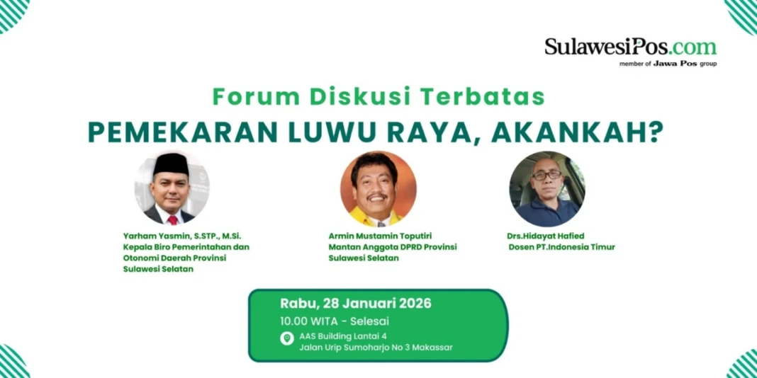 Diskusi publik mengenai Pemekaran Luwu Raya di Ruang Redaksi SulawesiPos.com, Rabu (28:1:2026).