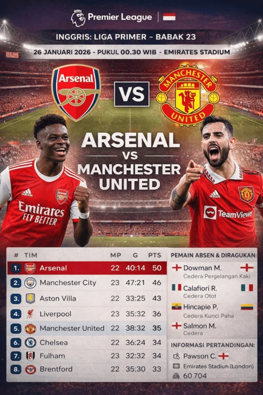 Arsenal akan menjamu Manchester United pada lanjutan Liga Primer Inggris pekan ke-23, Senin (26/1/2026) dini hari WIB