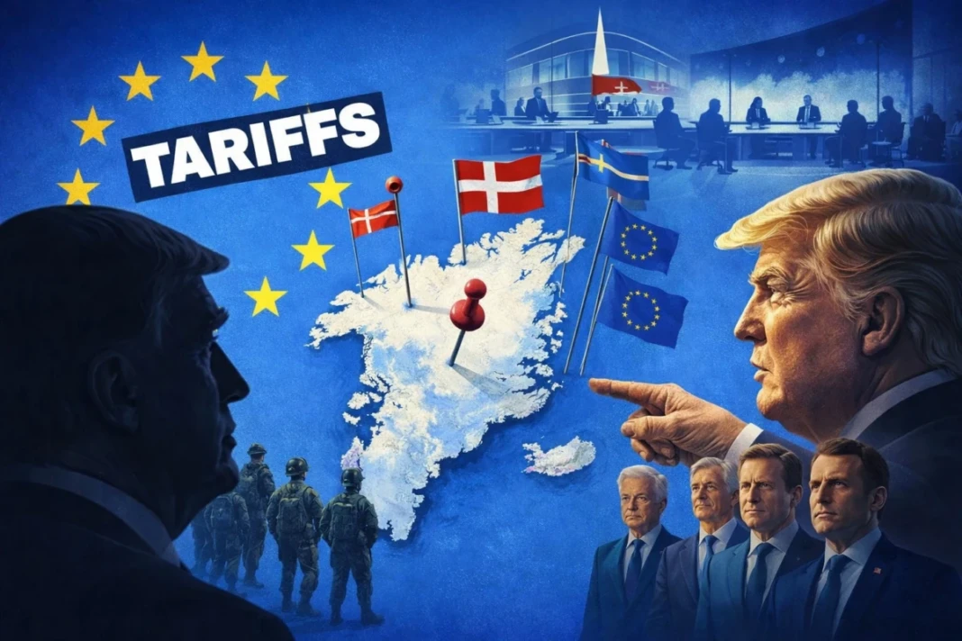 Ilustrasi ketegangan geopolitik antara Amerika Serikat dan Uni Eropa yang memusat pada Greenland, ketika ancaman tarif Presiden Donald Trump memicu respons kolektif Eropa demi mempertahankan kedaulatan, stabilitas Arktik, dan tatanan trans-Atlantik.