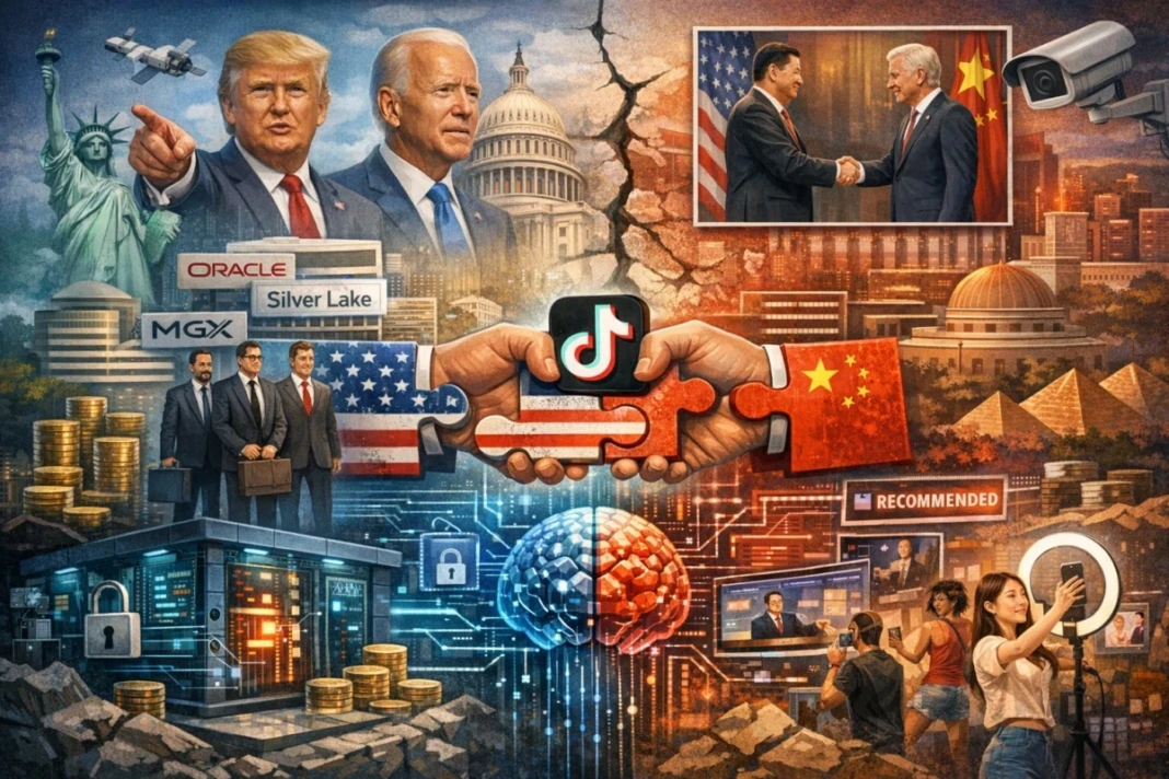 Ilustrasi geopolitik digital TikTok di Amerika Serikat, menampilkan peralihan kendali algoritma dan kepemilikan di tengah tarik-menarik kepentingan politik, keamanan data, dan kekuasaan narasi global antara Washington dan Beijing.