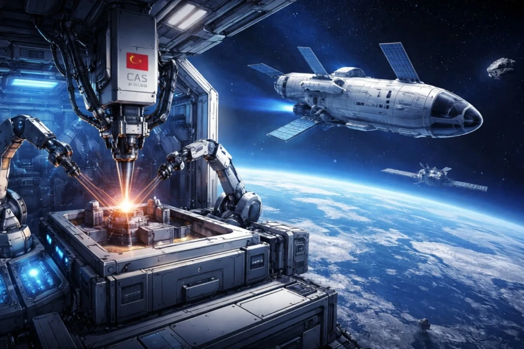Ilustrasi proses pencetakan logam 3D di lingkungan mikrogravitasi oleh muatan ilmiah China di orbit Bumi, yang menandai transisi dari eksplorasi menuju industrialisasi antariksa serta membuka jalan bagi manufaktur, infrastruktur, dan kemandirian teknologi manusia di luar planet asalnya. (Ilustrasi dibuat oleh AI)