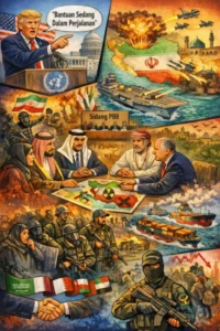 Ketika Ketegangan Iran–Amerika Mengguncang Keseimbangan Teluk. (Ilustrasi dibuat oleh AI)