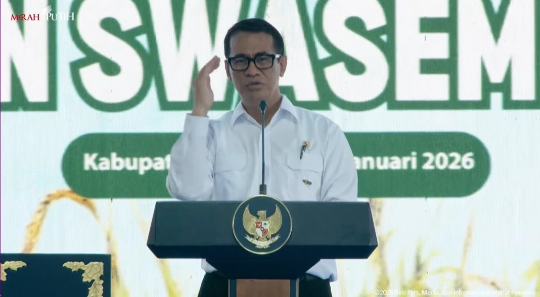 Menteri Pertanian Andi Amran Sulaiman menyampaikan pidato dalam acara Panen Raya Nasional dan Pengumuman Swasembada Pangan, Rabu (712026).