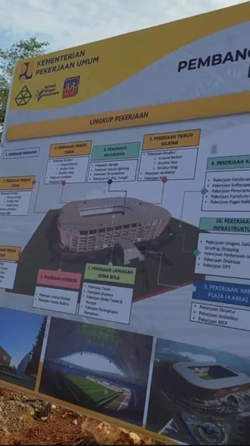 Papan informasi proyek pembangunan Stadion Sudiang Makassar beserta lingkup pekerjaan.