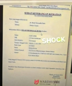 Surat keterangan kematian Lula Lahfah yang menunjukkan penyebab meninggal dunia adalah henti jantung.