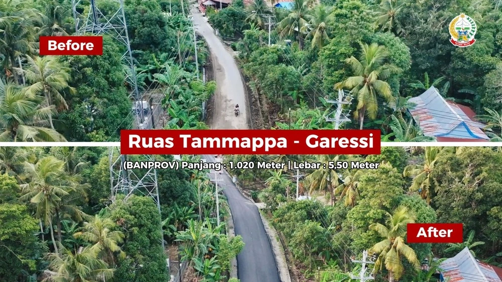 Tampak jalan di Kabupaten Pinrang sebelum dan sesudah di perbaiki