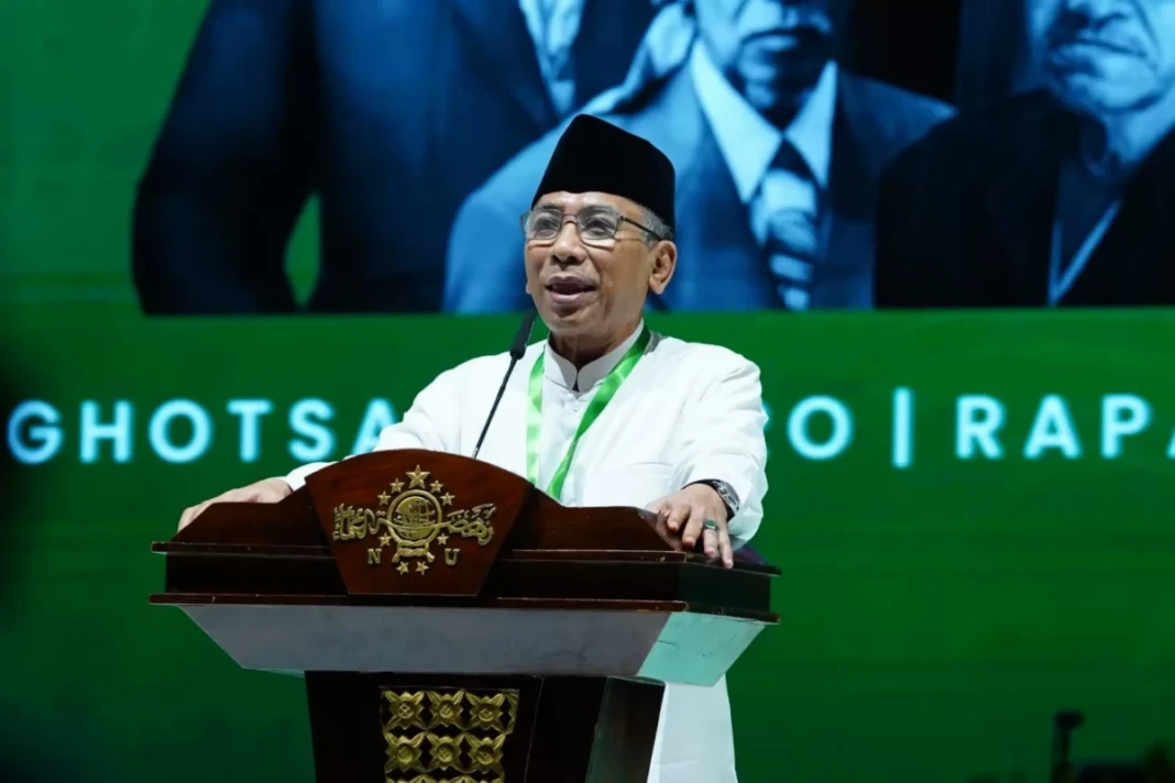 Yahya Cholil Staquf atau Gus Yahya menyampaikan sambutan dalam peringatan Harlah ke-100 NU di Jakarta
