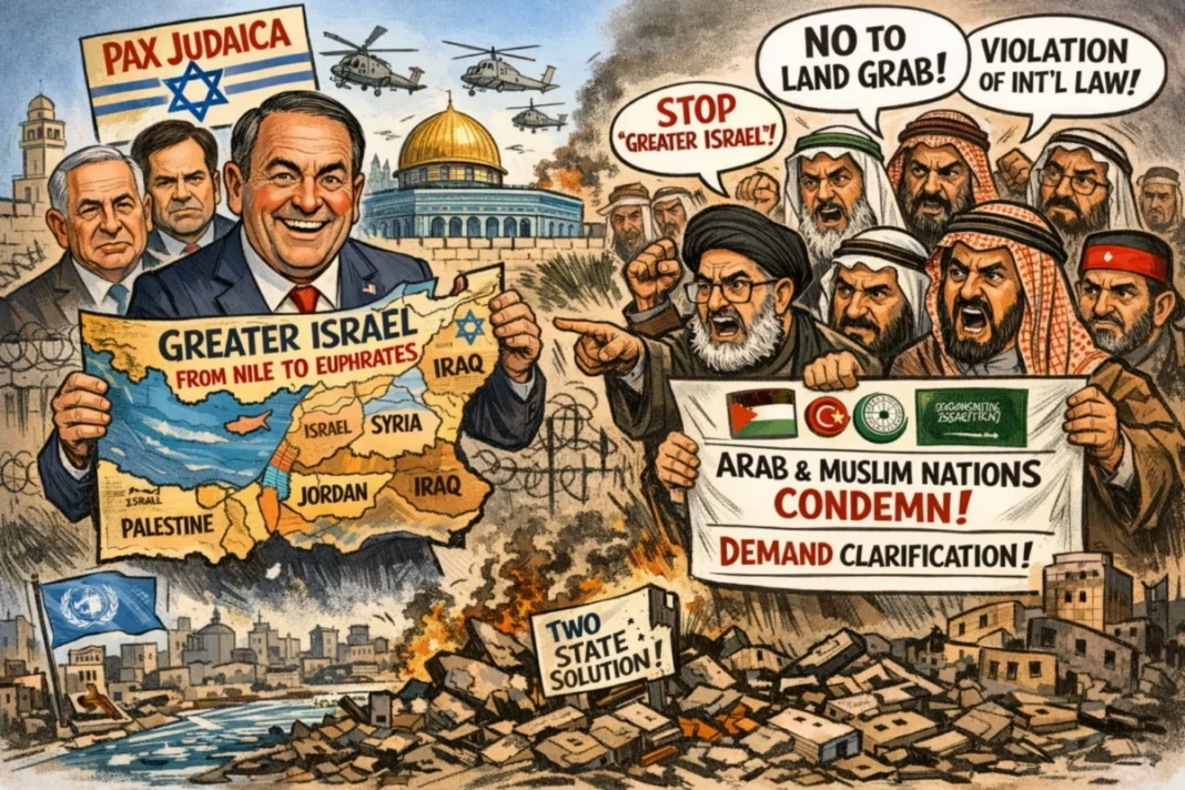 Gelombang kecaman meletus setelah Dubes AS untuk Israel, Mike Huckabee, menyebut gagasan “Pax Judaica” dan “Greater Israel” dari Nil hingga Eufrat sebagai hak alkitabiah, memicu protes keras dari Arab Saudi, Iran, dan 14 negara Arab–Muslim bersama OKI, Liga Arab, serta GCC yang menilai pernyataan itu melanggar Piagam PBB dan mengancam upaya solusi dua negara di tengah perang Gaza. (Ilustrasi dibuat oleh AI)