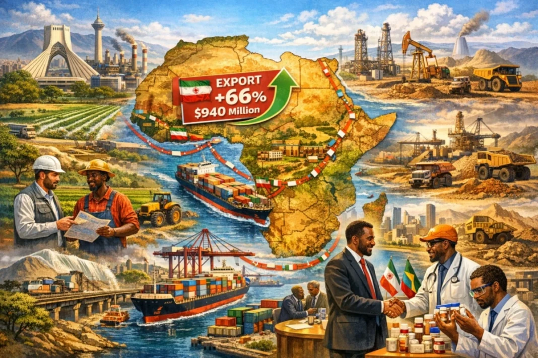 Ilustrasi jalur dagang baru Iran–Afrika yang menggambarkan lonjakan ekspor 66 persen melalui kolaborasi energi, pertanian, infrastruktur, dan kesehatan sebagai simbol terbentuknya blok ekonomi alternatif Global South di tengah tekanan sanksi global. (Ilustrasi dibuat oleh AI)