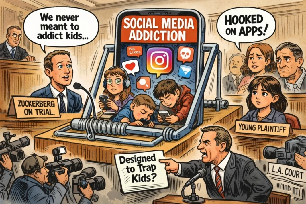 Ilustrasi Mark Zuckerberg memberikan kesaksian di Pengadilan Tinggi Los Angeles