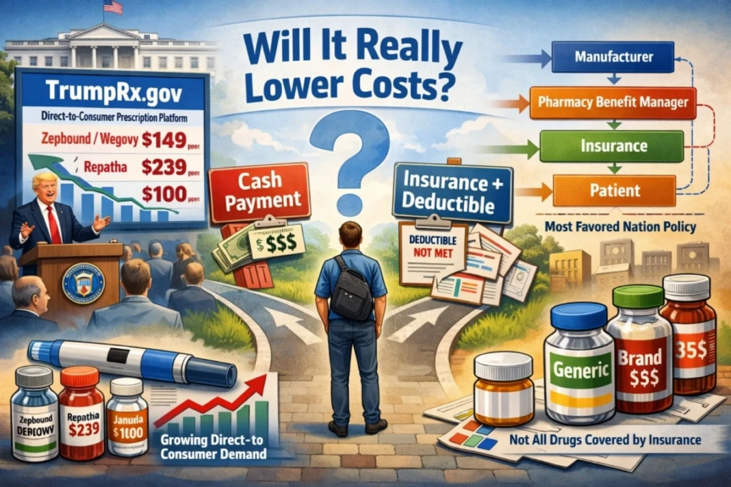 Ilustrasi peluncuran TrumpRx yang menampilkan perbandingan pembayaran tunai dan skema asuransi (Ilustrasi dibuat oleh AI)