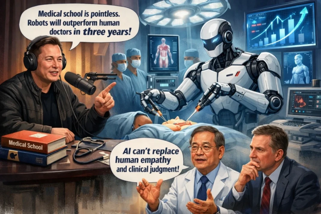 Ilustrasi perdebatan global tentang masa depan kedokteran, Elon Musk memprediksi robot bedah berbasis AI akan melampaui dokter manusia dalam tiga tahun