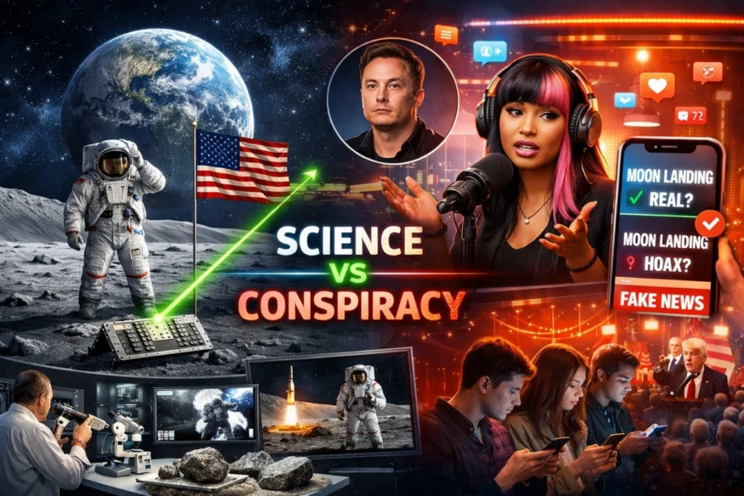 Ilustrasi perdebatan global tentang pendaratan manusia di Bulan