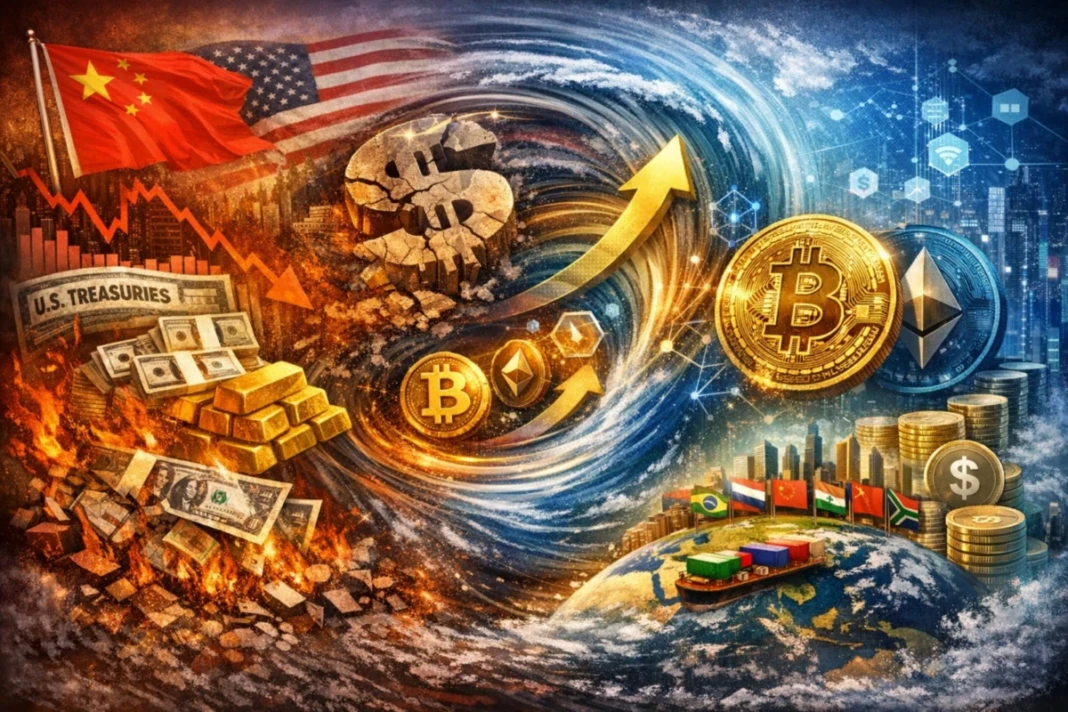 Ilustrasi pergeseran arsitektur moneter global 2026 tekanan penjualan U.S. Treasuries dan melemahnya dolar di tengah strategi de-dolarisasi China