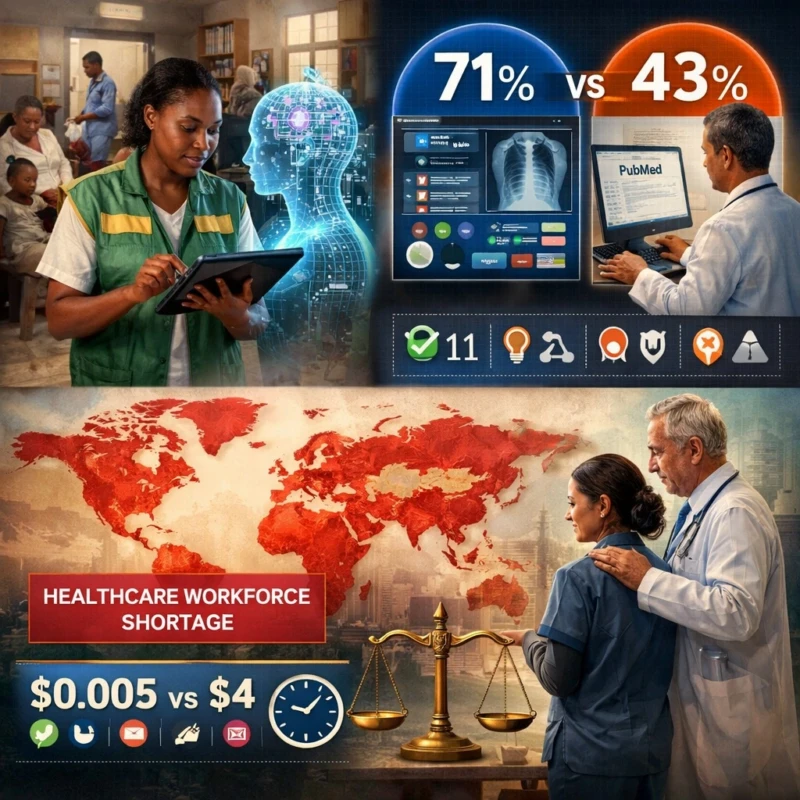 Ilustrasi tenaga kesehatan komunitas memanfaatkan chatbot AI dalam layanan klinik dengan keterbatasan dokter