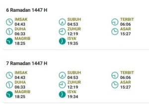 Jadwal imsakiyah Makassar hari ke-6 dan 7 Ramadan 1447 H. Dok. Bimas Islam Kemenag RI.