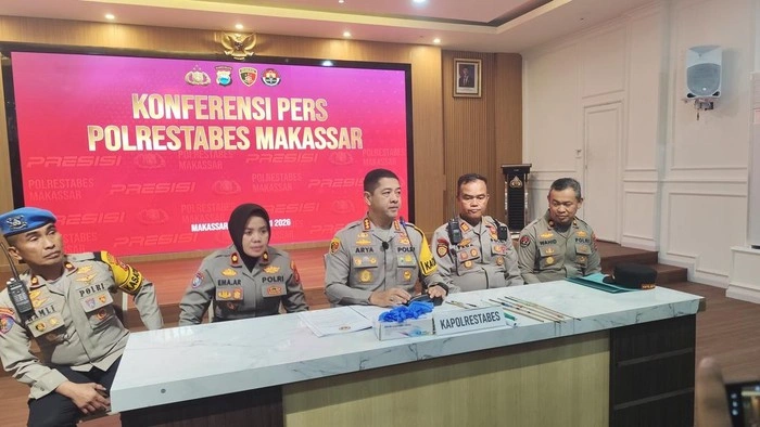 Konferensi Pers Polrestabes Makassar terkait kasus penganiayaan berujung pembunuhan pria di Panakkukang, Makassar.