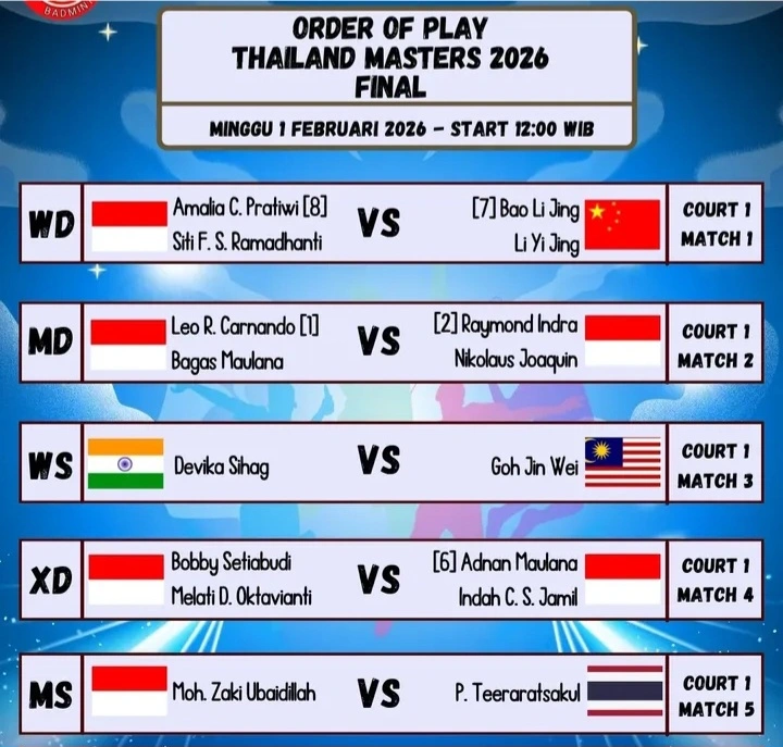 6 Wakil Indonesia di Final Thailand Masters 2026 yang akan berlangsung Minggu, 1 Februari 2026 dimulai pukul 12.00 WIB.