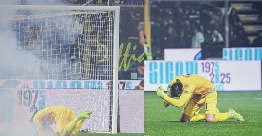 Insiden flare yang mengenai Kiper Timnas Indonesia, Emil Audero dalam laga Cremonese vs Inter Milan di Serie A. dok/tangkapanlaya