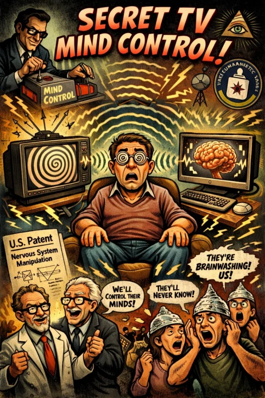 Sebuah karikatur satir menggambarkan kepanikan publik atas paten lama tentang manipulasi sistem saraf melalui layar televisi dan komputer