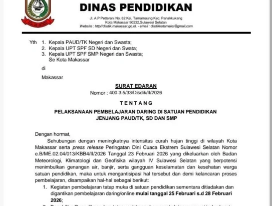 Surat Edaran Dinas Pendidikan Kota Makassar terkait pengalihan pembelajaran daring sampai 28 Februari 2026 imbas cuaca ekstrem.
