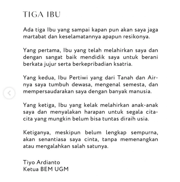 unggahan Ketua BEM UGM merespons teror ke Ibunya