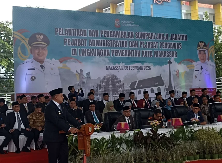 Wali Kota Makassar Munafri Arifuddin memberikan sambutan dihadapan Pejabat dilantik, Jumat 6 Februari 2026. (1)