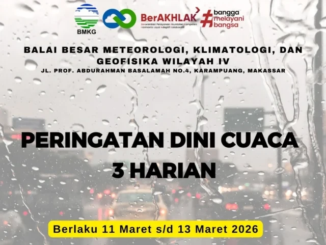 BMKG merilis peringatan dini cuaca 3 hari ke depan tanggal 11 Maret 2026 -11 Maret 2026. Dok. Instagram @bmkgsulsel.