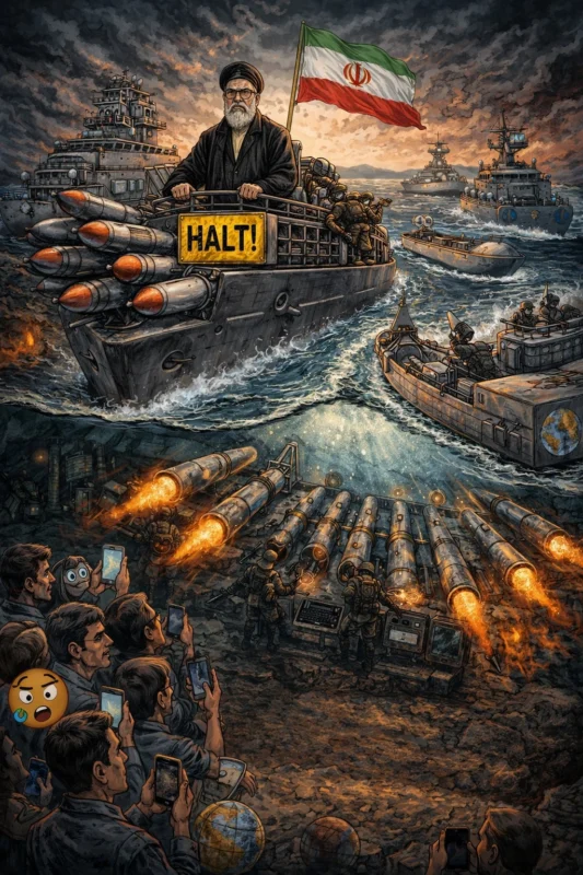 Bukan soal siapa memiliki Selat Hormuz, tetapi siapa yang secara hukum dan kekuatan mampu mengawasi dan mengendalikannya—dan Iran berada tepat di pusat kendali itu. (Karikatur dibuat oleh AI)