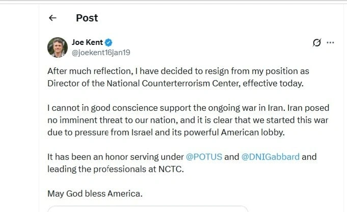 Joseph Kent umumkan pengunduran diri dari NCTC dan kritik perang AS Iran