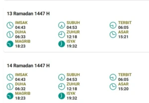 Jadwal imsakiyah Makassar hari ke-13 dan 14 Ramadan 1447 H. Dok. Bimas Islam Kemenag RI.