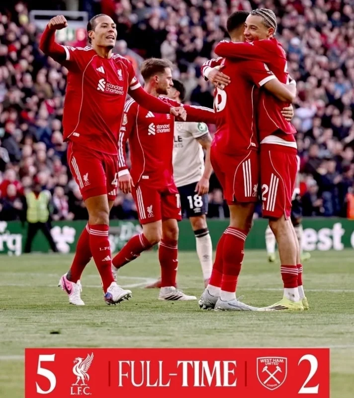 Skor pertandingan Liverpool vs West Ham United 5-2 dalam lanjutan premier league di Anfield. dok/liverpool