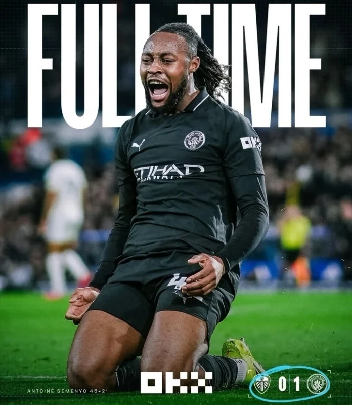 Manchester City meraih kemenangan 1-0 atas Leeds United lewat gol Antoine Semenyo di akhir babak pertama. dok/mancity