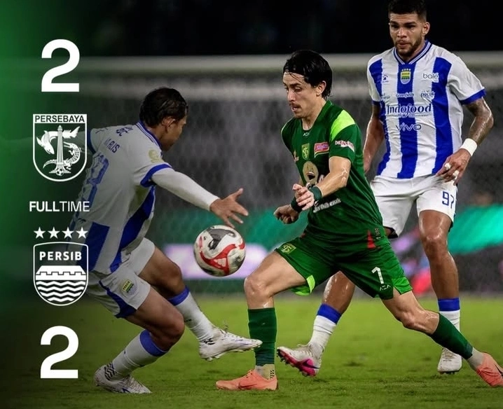 Hasil akhir Persebaya Surabaya vs Persib Bandung berakhir 2-2 dalam lanjutan liga 1 di Stadion Gelora Bung Tomo. dok/peesebaya