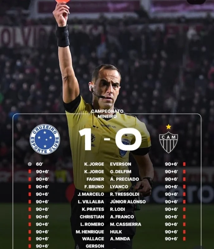 Keributan final Campeonato Mineiro antara Cruzeiro vs Atletico Mineiro yang berujung 23 kartu merah.