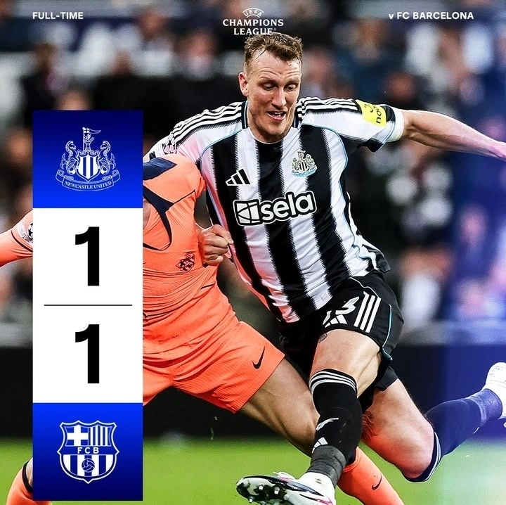 Hasil Newcastle vs Barcelona di Liga Champions berakhir 1-1. dok/nufc
