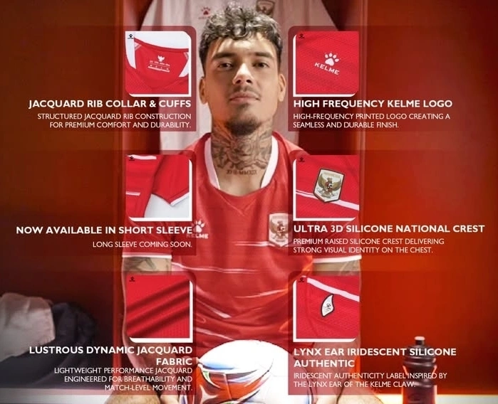 Jersey Timnas Indonesia terbaru kerjasama Kelme dengan teknologi jacquard fabric, logo high-frequency, dan crest silikon 3D. dok/kelmeid