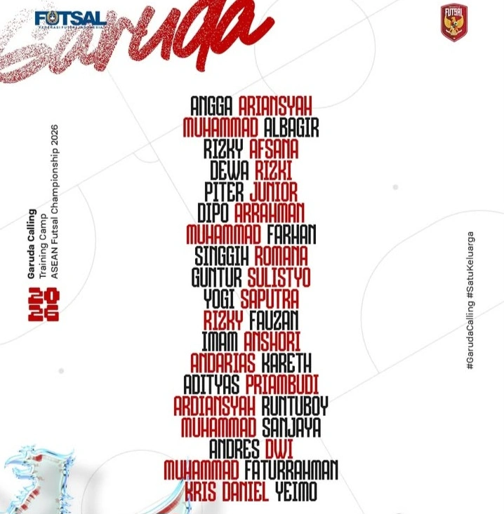 Daftar 19 pemain Timnas Futsal Indonesia yang dipanggil untuk training camp ASEAN Futsal Championship 2026