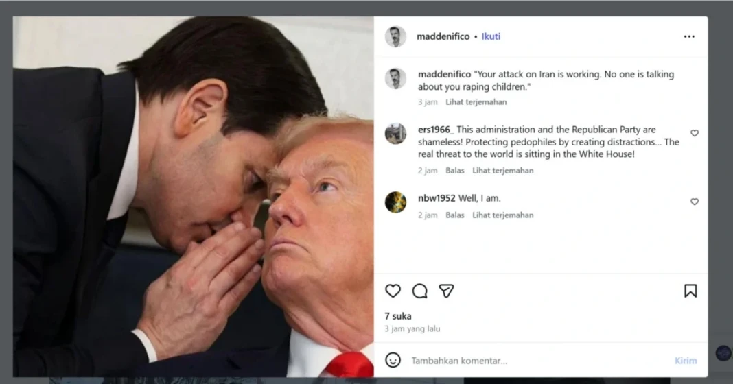 Unggahan Bill Madden dalam akun Instagram pribadinya dengan caption Seranganmu ke Iran berhasil. Kini tak ada lagi yang bicara tentang dosamu memerkosa anak-anak. Dok. Instagram maddenifico.