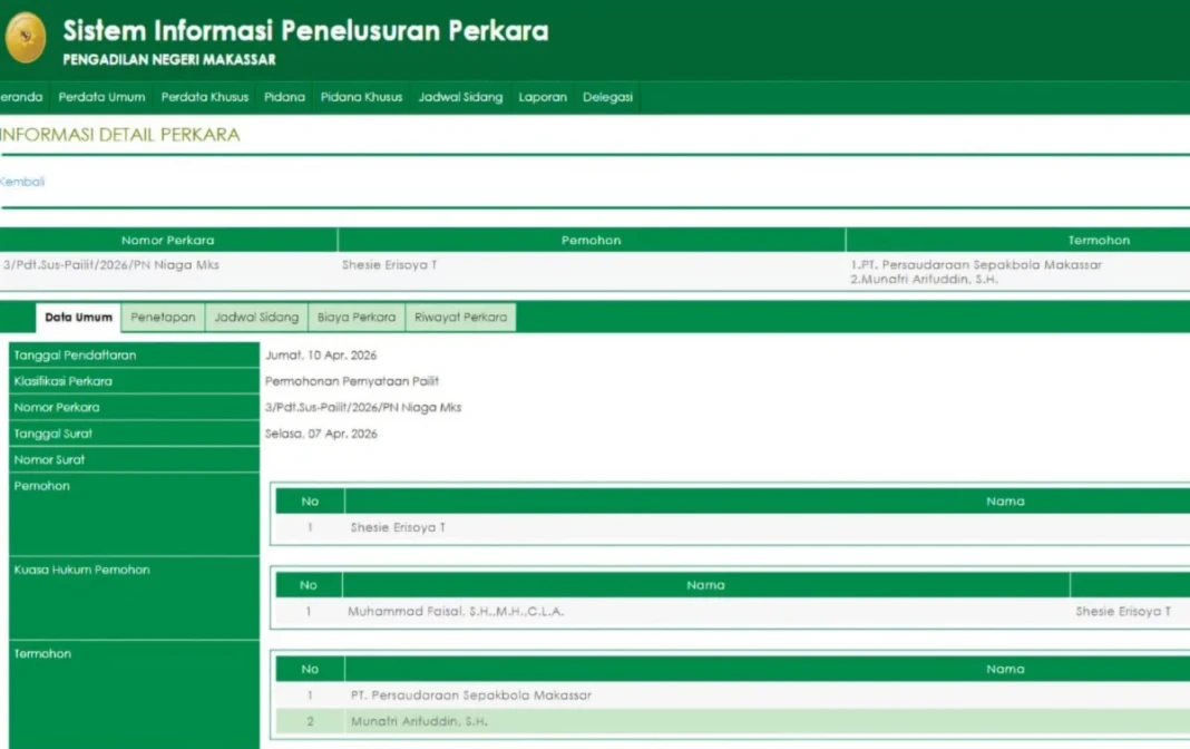 Screenshot gugatan pailit terhadap PSM Makassar di PN Makassar.