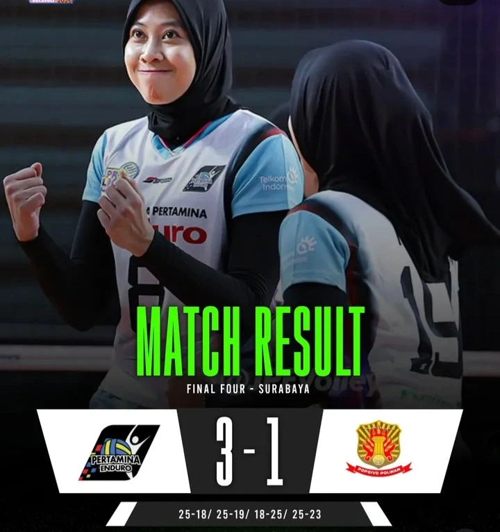 Jakarta Pertamina Enduro sukses mengalahkan Jakarta Popsivo Polwan dengan skor 3-1 pada Final Four Proliga di Surabaya. dok/voliindonesia