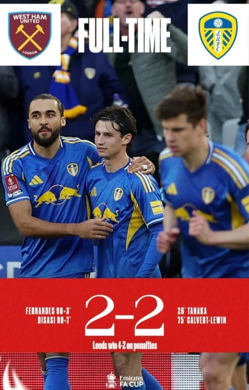 Leeds United sukses menyingkirkan West Ham United lewat drama adu penalti 4-2 setelah bermain imbang 2-2 di perempat final FA Cup 2026. dok/emiratesfacup