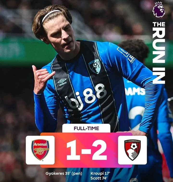 Arsenal kalah 1-2 dari Bournemouth di pekan 32 Liga Inggris 2026. dok/avbf