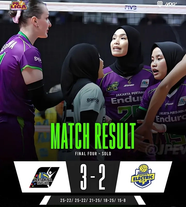 Pertamina Enduro menang dramatis 3-2 atas Electric PLN dalam laga Final Four Proliga. dok/proliga
