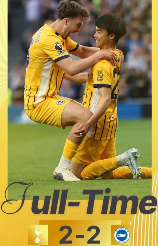 Tottenham vs Brighton berakhir imbang 2-2 dalam laga dramatis. Gol Rutter di menit 90+5 gagalkan kemenangan Spurs. dok/brighronfc