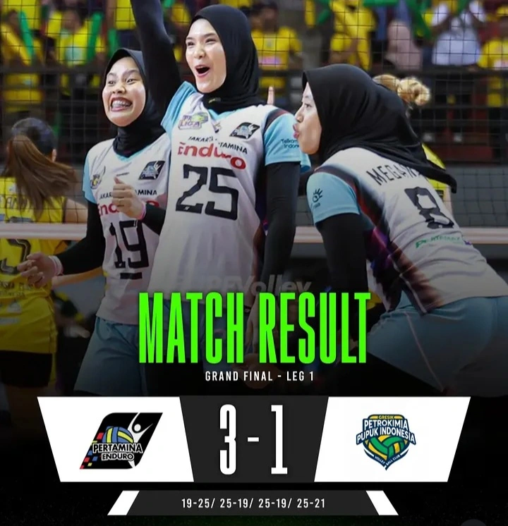 Jakarta Pertamina Enduro menang 3-1 atas Gresik Petrokimia di Grand Final Leg 1 Proliga 2026. dok/proligaindo
