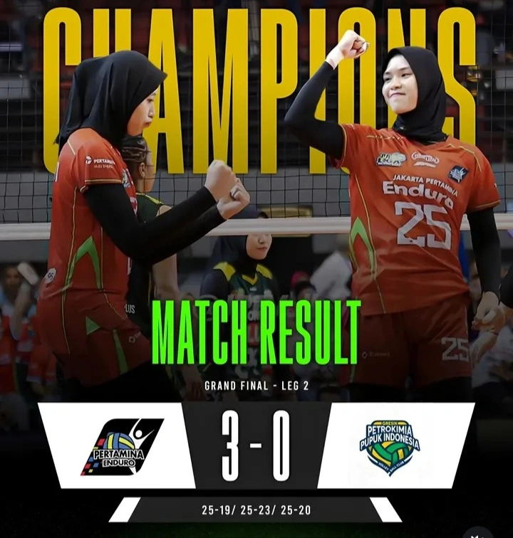 Jakarta Pertamina Enduro resmi juara setelah mengalahkan Gresik Petrokimia 3-0 di Final. dok/proligavoli