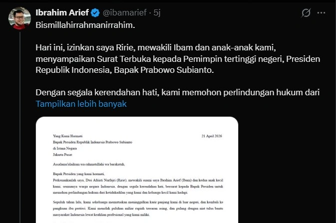 Tangkapan layar unggahan surat istri Ibam ke Presiden Prabowo