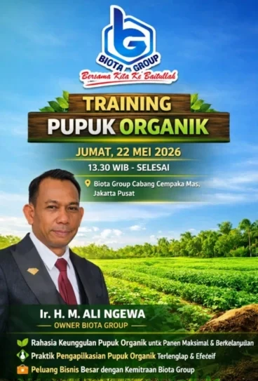 Biota Group akan menggelar training pupuk organik di Jakarta Pusat pada Jumat (22:5:2026)